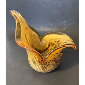 VTG Unique Murano Finger Grip End Handled Art Glass Vase Golden color READ COND